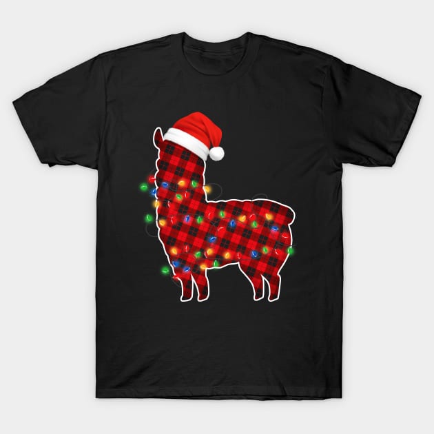 Llama Wearing Santa Hat Christmas Tree Lights and Red Buffalo Plaid T-Shirt by mittievance